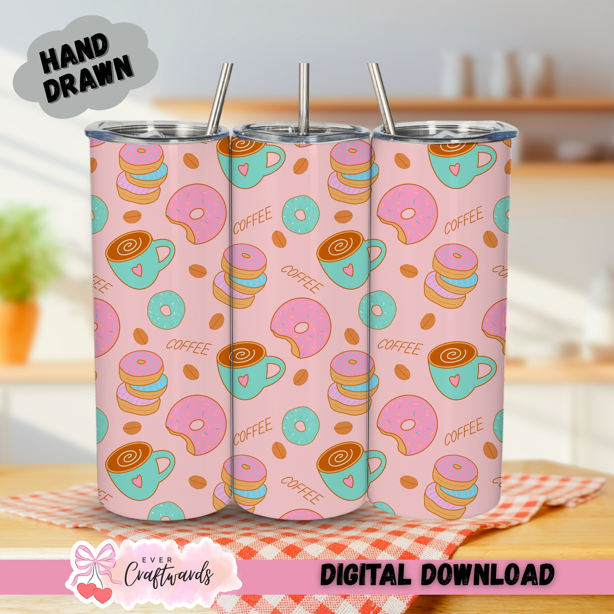 Coffee and Donuts Digital Seamless Tumbler Pattern - 300 DPI