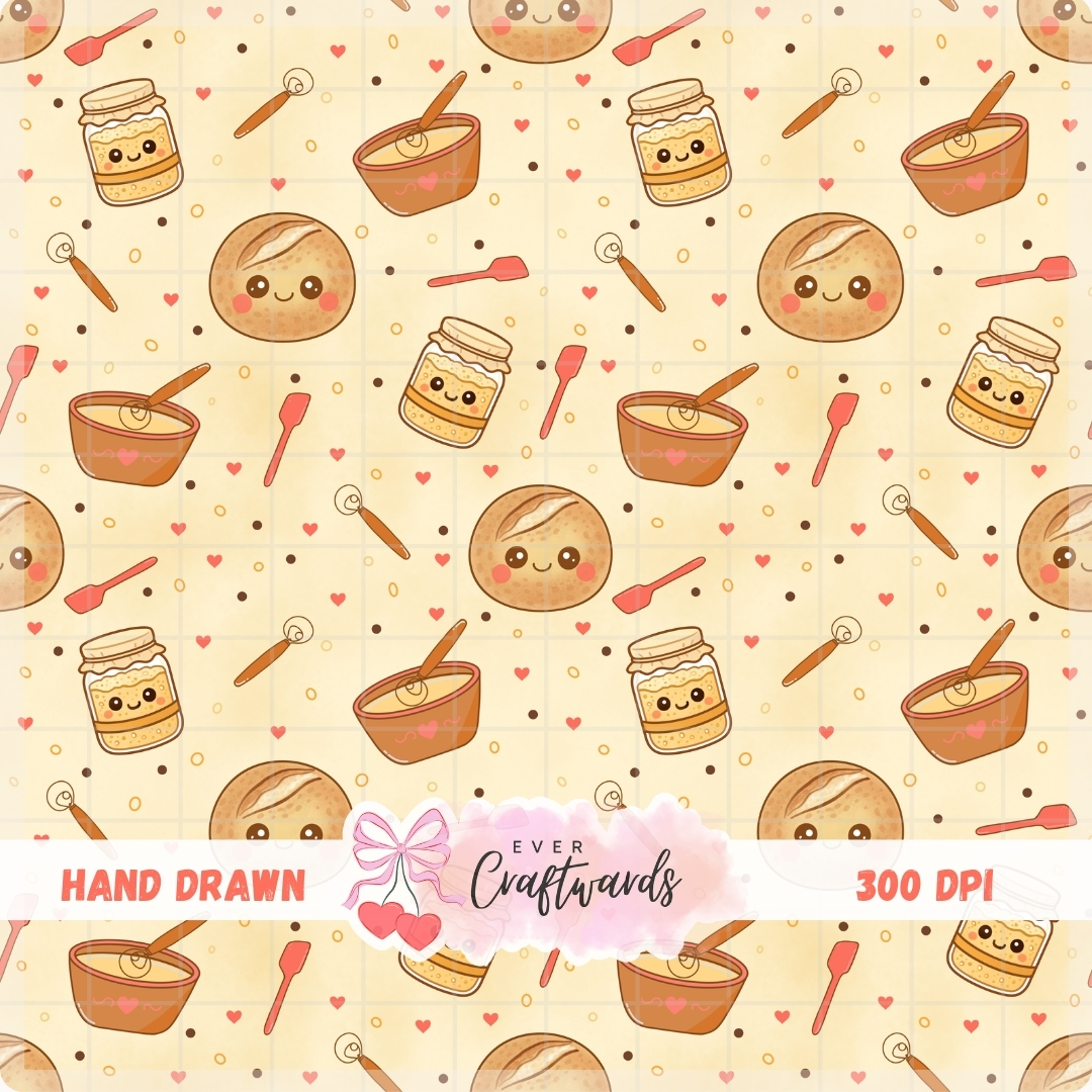 Kawaii Sourdough Seamless Pattern - 300 DPI Digital Download
